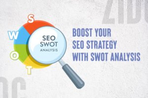 Magnifying glass highlighting the text "Boost Your SEO Strategy with SWOT Analysis"