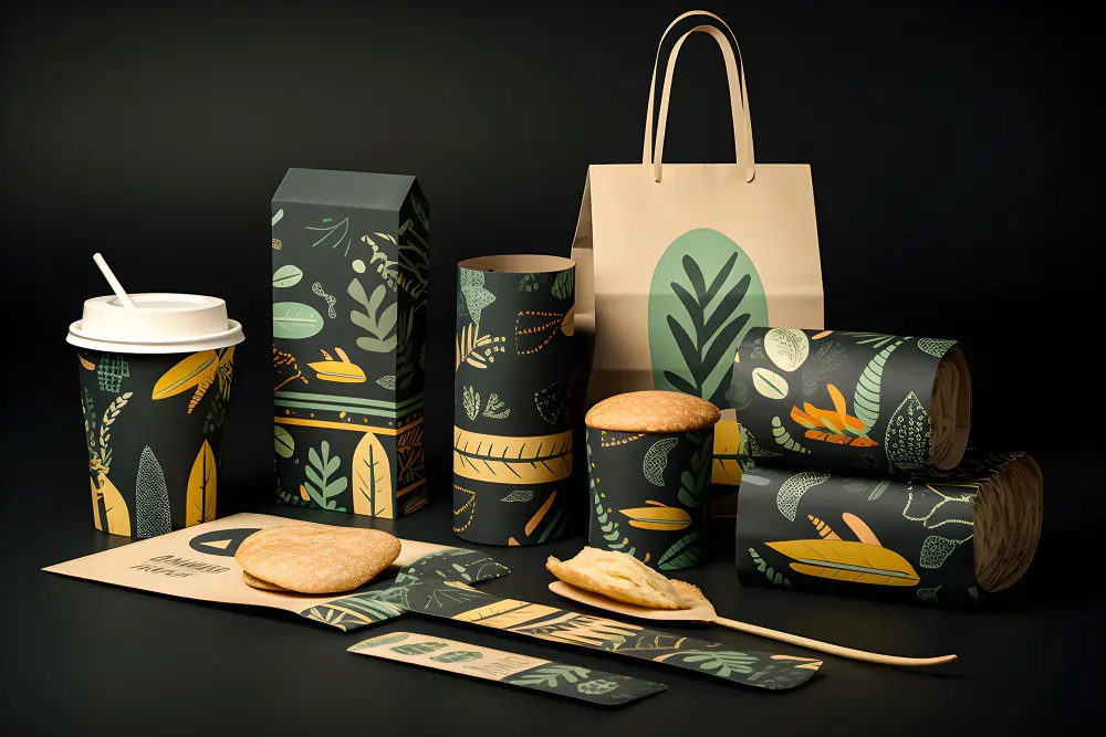 Sustainable food packaging with a botanical design.