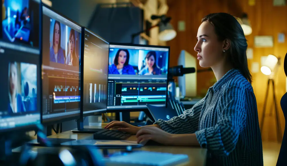 A woman editing videos on multiple monitors in a dimly lit studio.