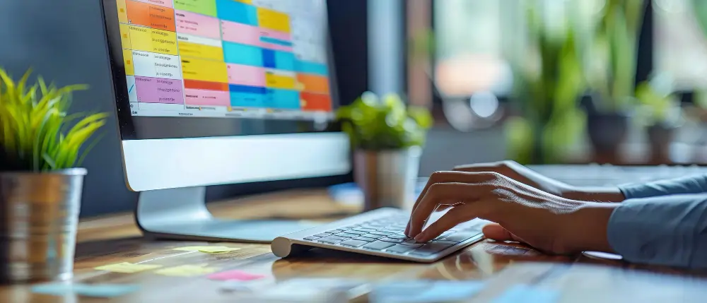 Person typing on a keyboard with a computer screen displaying a colorful calendar.