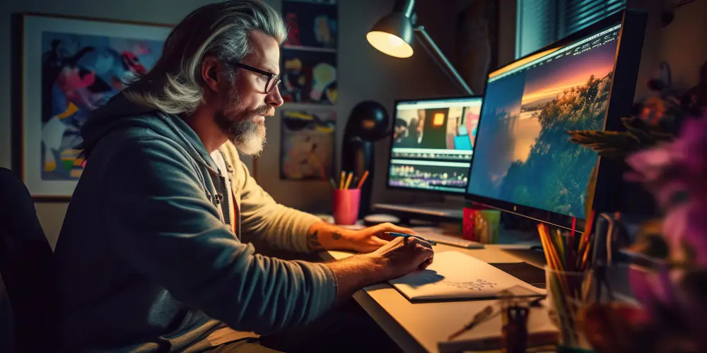 A man working on digital art using multiple monitors in a dimly lit room.