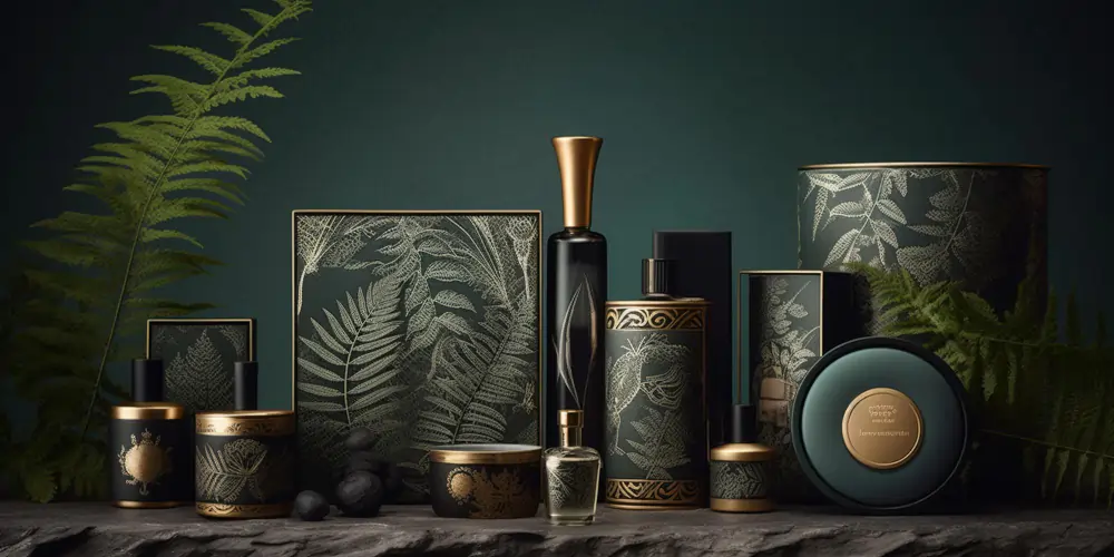 Luxury home fragrance products with a fern motif.