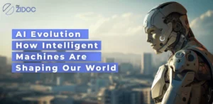 A large humanoid robot stands in a field in front of a city skyline. There is a billboard next to the robot that says “ZIDOC Al Evolution: How Intelligent Machines Are Shaping Our World